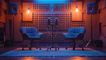 Färgstark podcaststudio med två fåtöljer och två mikrofoner