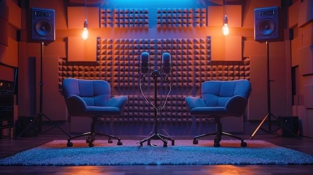 Färgstark podcaststudio med två fåtöljer och två mikrofoner