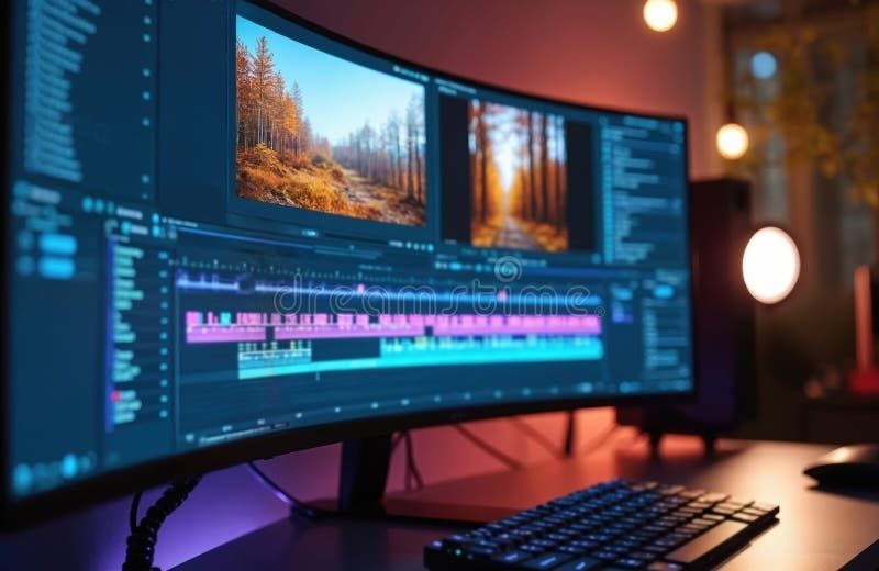 Videoredigeringsprogram med två bildskärmar och färgstark tidslinje